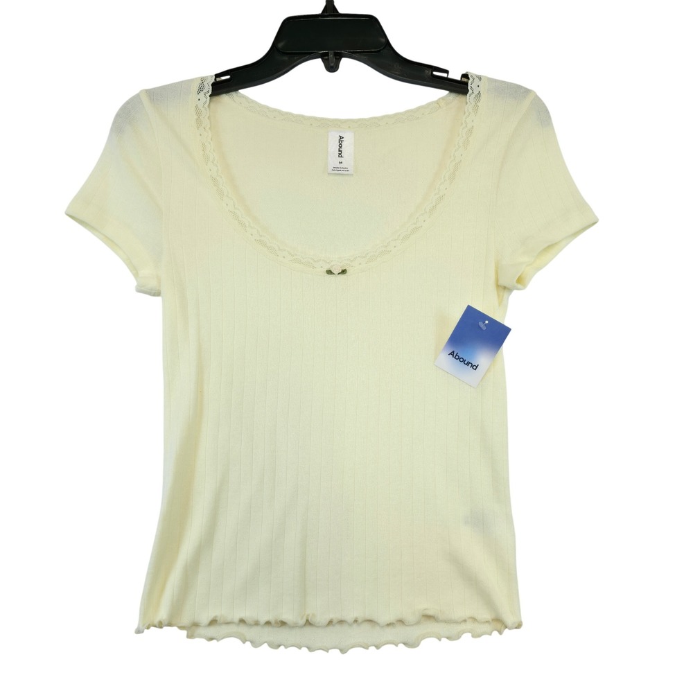 Abound Womens Cream Lace Trim Ribbed Knit Cropped Tee Shirt Size M